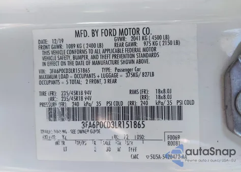 2020 Ford Fusion Sel из США, поврежденный, VIN 3FA6P0CD3LR151865